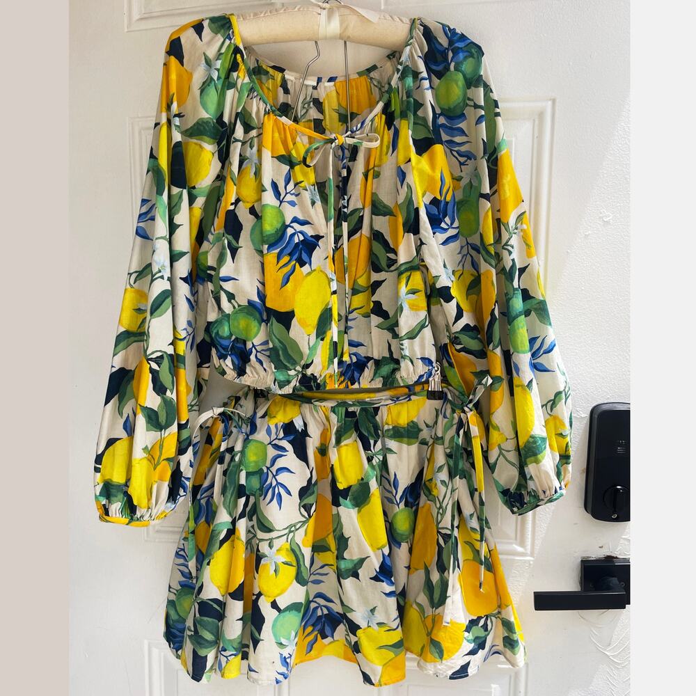 Lemon Print 2 Piece Skirt Set Women's M Crop Top Mini Skirt Resort Cottagecore
